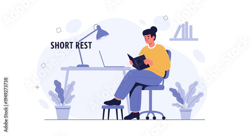 Person Reading Book During Short Rest at Desk with Laptop and Lamp