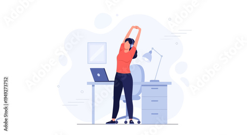 Woman stretching at desk with laptop, healthy work break, home office illustration