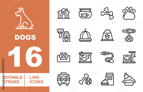 Dog Care, Puppy Supplies, and Pet Accessory Line Icons. Editable stroke icons for pet owners. Featuring dog houses, fish bowls, chew bones, paw prints, grooming brushes, pet food, and carriers