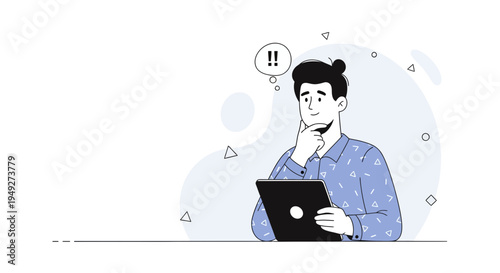 Man thinking with tablet, double exclamation mark in thought bubble, modern illustration