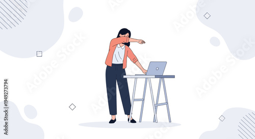 Woman doing dab dance move at standing desk with laptop, modern flat illustration