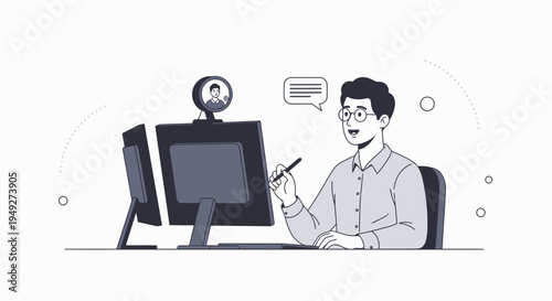 Man in video call, working on computer, online communication, remote work, digital meeting