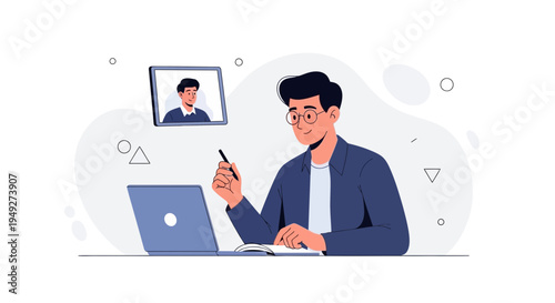 Man in Video Call, Working Remotely with Laptop and Notebook