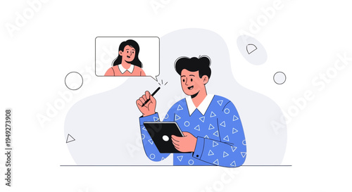 Man on video call with woman, working remotely on tablet and stylus