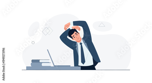 Businessman stretching at desk with laptop and books, office work break, healthy lifestyle