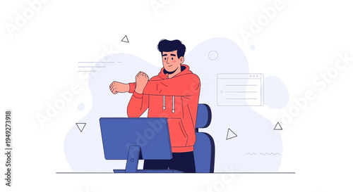Man stretching arms at computer desk, healthy work break, remote work concept