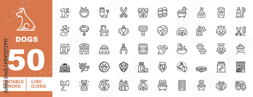Dog Grooming & Pet Spa Icons. Editable stroke vector icons for canine beauty services. Featuring electric clippers, pet bathtubs, grooming scissors, dog shampoos, dental care tools, and hair dryers