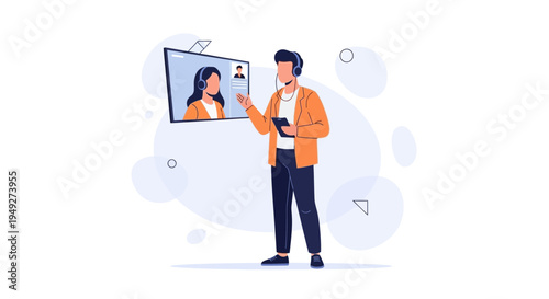 Man in headset on video call with colleague, online meeting, remote work concept