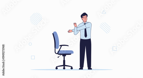 Businessman stretching arms in office, next to ergonomic chair, healthy work break concept