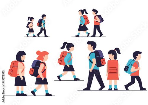 School morning scene with children walking while carrying backpacks, flat vector illustration, simple shapes