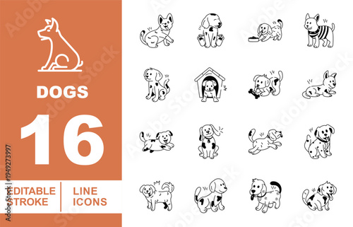 Dog Poses, Playful Puppy Behavior, and Domestic Pet Life Line Icons. Editable stroke icons for animal lovers. Featuring running dogs, eating puppies, sleeping hounds, and cute canine silhouettes