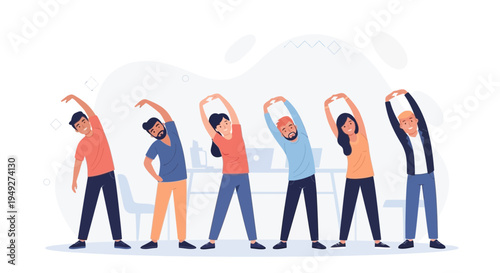 Diverse office workers stretching and exercising during a break at work