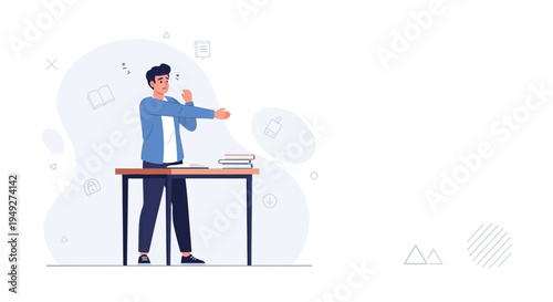 Man stretching at desk, studying, taking a break, healthy lifestyle, home office