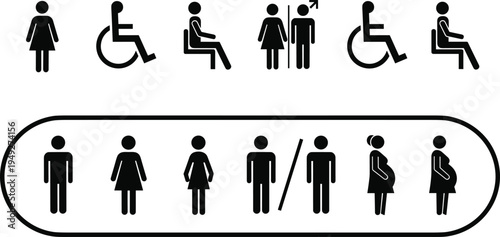 Public restroom navigation icons set featuring male female wheelchair accessibility pregnant woman and priority seating black vector pictograms isolated on white,