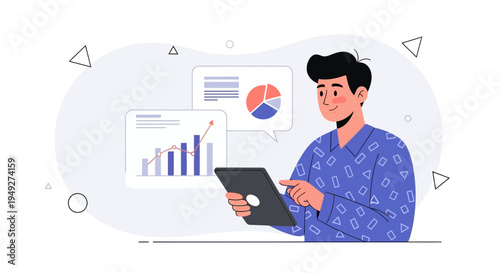 Man analyzes financial charts on tablet, business growth concept