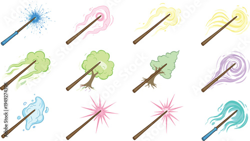 Set of Magic Wands with Colorful Effects: Water, Fire, Trees, and Sparkles in Vector Illustrations