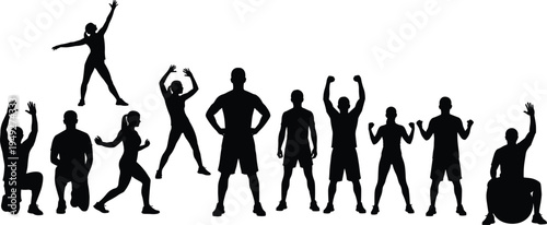 Set of nine black athletic silhouettes, diverse people in fitness poses, workout exercise group, isolated on white background, vector sport collection