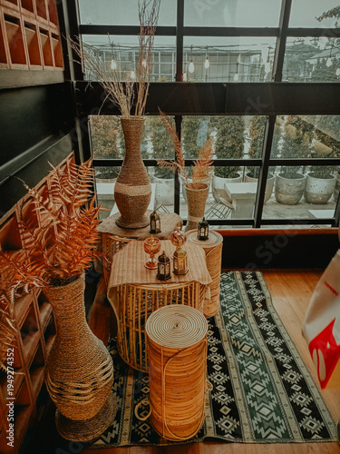 Cozy Bohemian Interior Corner with Rattan Furniture and Natural Decor