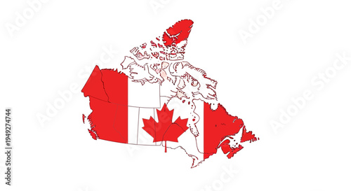 A detailed map of canada filled with the national flag design featuring the iconic red maple leaf