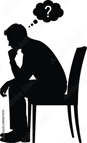 Black silhouette of person sitting on chair in thinking posture with elbow on knee and thought bubble, contemplation, problem-solving, and decision-making concept illustration