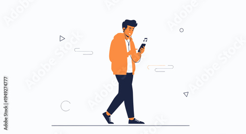 Young Man Listening to Music on Phone While Walking, Modern Flat Illustration