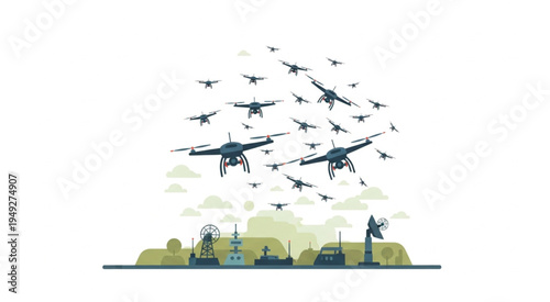 Drone Swarm Technology - Autonomous Flight and Surveillance Illustration.