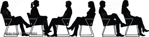 Set of six black silhouettes of people sitting in modern chairs, side profile view, isolated on white background, waiting room,