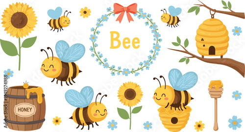 Charming Bee Illustration Set: Bees, Honey, Sunflowers, and Floral Wreath Designs