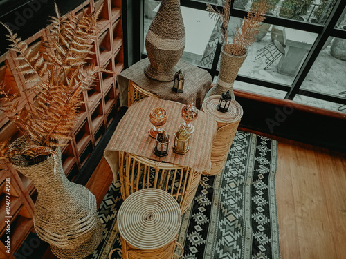 Cozy Bohemian Interior Corner with Rattan Furniture and Natural Decor