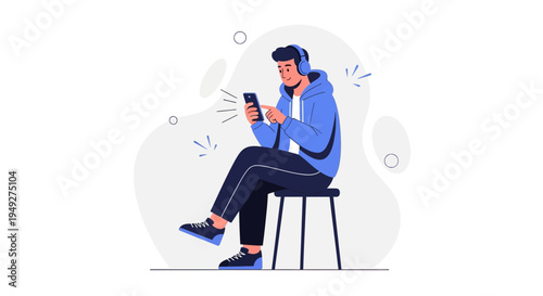 Young Man Listening Music on Headphones and Browsing Smartphone While Sitting on Stool