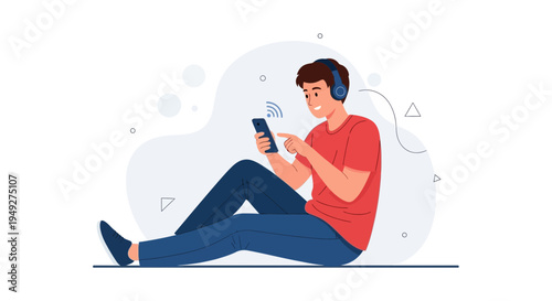Young Man Listening Music on Headphones with Smartphone, Relaxing