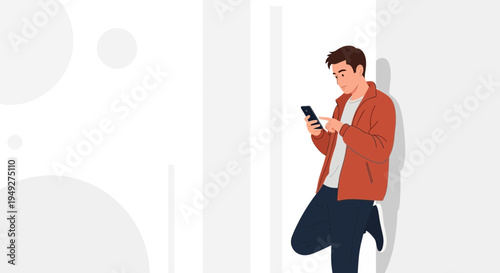Young man leaning against wall, looking at smartphone, modern illustration