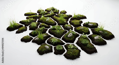 Lush green plants on soil fragments arranged artistically