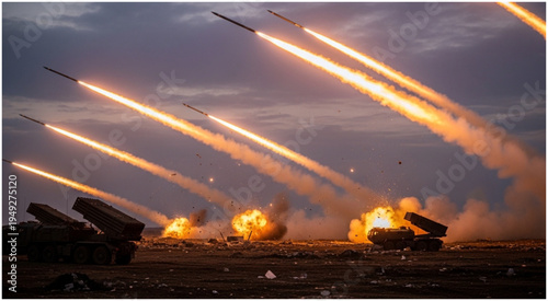 Multiple Rocket Launchers Firing Missiles in a Battlefield Scenario.
