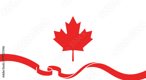 A red maple leaf symbol centered above a flowing ribbon design representing canadian national pride