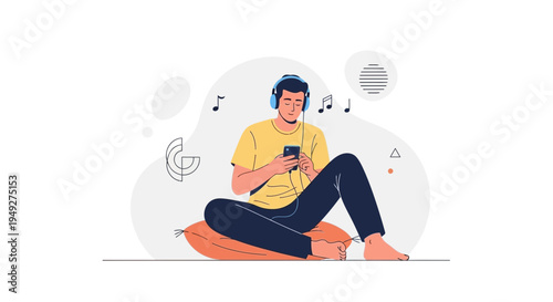 Young Man Listening Music with Headphones and Smartphone, Relaxing on Cushion