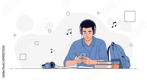 Young man listening to music on headphones while using smartphone, studying with books and backpack