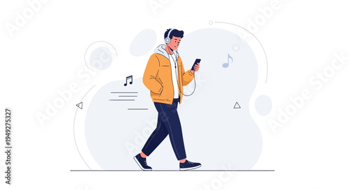Young man listening to music on headphones while walking and holding a smartphone