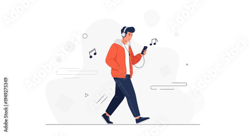 Young Man Listening to Music on Headphones While Walking with Smartphone