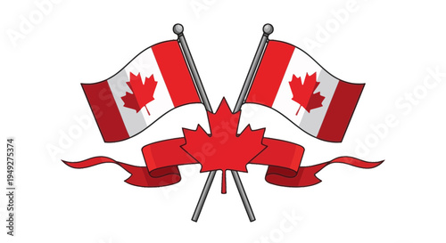Two crossed canadian flags with a central maple leaf icon and a decorative flowing red ribbon