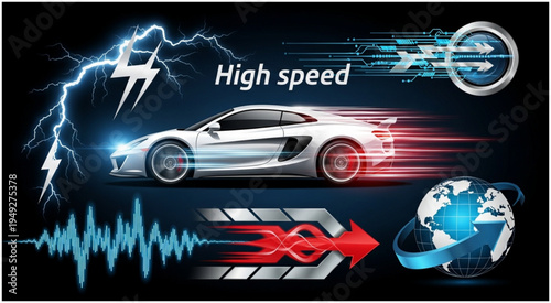 High-Speed Car Illustration with Dynamic Visual Elements and Modern Design.