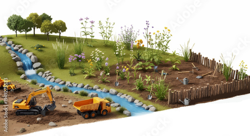 Garden landscape development with construction vehicles and gardening tools