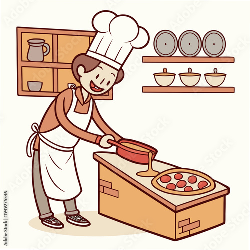 Vector illustration of chef cooking pizza in kitchen