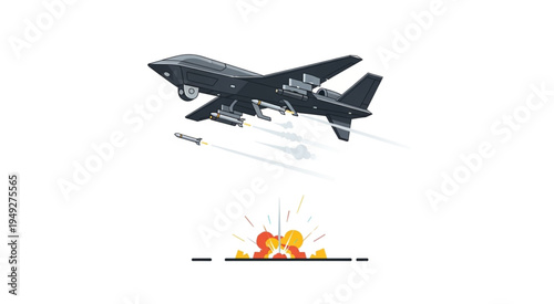 Military Drone Launching Missile with Explosion Below.