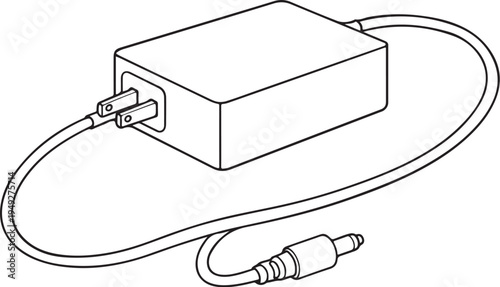 Laptop charger adapter line art black and white power supply cable vector illustration eps