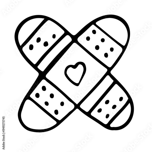 Crossed Adhesive Bandages with Heart Doodle Line Art