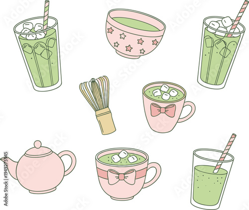 Matcha tea vector illustration set with pastel cups, teapot, whisk, iced drinks, marshmallows, star bowl, Japanese beverage artwork