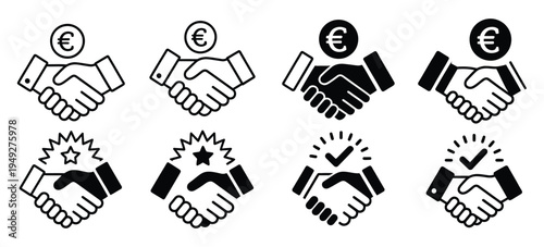 Handshake Icon with Euro Currency, professional achievement star badge, vector illustration in EPS 10, symbolizing business success, financial agreement, and professional recognition.