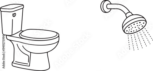 Toilet and Shower Outline Black and White Bathroom Fixture Illustration