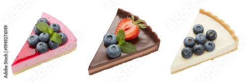 Three slices of cheesecake with blueberries and strawberries isolated on a transparent background